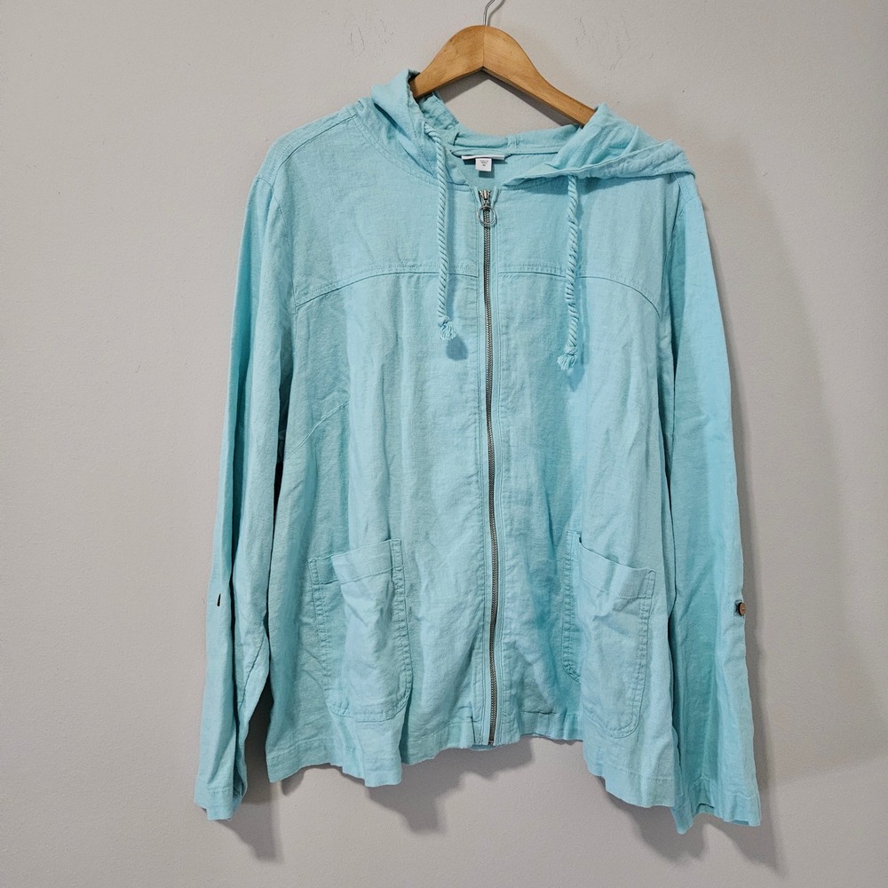 J. Jill Aqua Blue Linen Blend Full Zip Hooded Jacket Womens 2X Roll Tab Sleeve